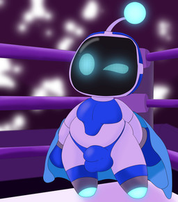 blue_eyes boxing boxing_gloves bulge clothing detailed_bulge fighting_ring glowing glowing_eyes handwear machine male pear-shaped_figure pecs robe screen screen_eyes screen_face shortstack shortstack_male solo sport thick_thighs thong underwear undressing wide_hips gayoshie_(artist) astro_bot_(series) astro_(astro_bot) humanoid robot robot_anthro robot_humanoid 2026 absurd_res digital_media_(artwork) hi_res