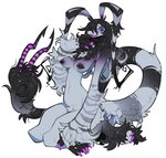 anthro black_body black_fur breasts claws female fur grey_body grey_fur kneeling long_ears long_tail nails nipple_piercing nipples piercing purple_eyes simple_background small_waist solo tail white_background btascandalist species_request hi_res