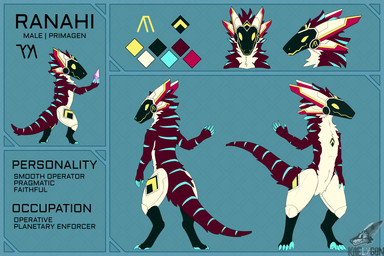 4_toes 5_fingers anthro chevron_(marking) claws color_swatch countershading crystal cybernetics featureless_chest featureless_crotch feet fingers front_view fur geometric_background looking_at_object machine male markings metallic_body multi_ear multicolored_body multicolored_fur multiple_angles nude raised_arm rear_view red_body red_fur rhombus_(shape) robot_ears screen screen_face simple_background solo standing striped_markings stripes symbol tail talons tan_body tan_countershading tan_fur teal_background text three-quarter_view toes toony yellow_eyes tiena ranahi_(tiena) cyborg primagen 2026 3:2 absurd_res colored digital_media_(artwork) english_text headshot_portrait hi_res line_art model_sheet portrait signature