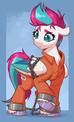 black_eyeliner blue_eyes blue_hair blue_tail bound chain chained clothing eyebrows eyeliner female feral fur hair makeup multicolored_hair multicolored_wings orange_clothing orange_overalls overalls prison_overalls purple_eyebrows purple_hair purple_tail sad solo tail two_tone_hair two_tone_tail white_body white_fur wings wings_tied witchtaunter hasbro mlp_g5 my_little_pony mythology zipp_storm_(mlp) equid equine mammal mythological_creature mythological_equine pegasus 2025 absurd_res hi_res