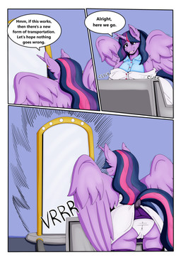 anthro anthrofied breasts butt camel_toe clothed clothing dialogue feathered_wings feathers female fur hair horn multicolored_hair purple_body purple_fur purple_hair solo tail text wings zeroviks friendship_is_magic hasbro my_little_pony mythology twilight_sparkle_(mlp) equid equine mammal mythological_creature mythological_equine winged_unicorn absurd_res comic digital_media_(artwork) english_text hi_res