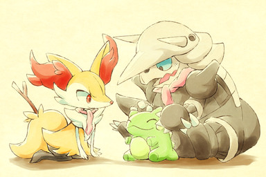ambiguous_anthro ambiguous_gender anthro biped closed_smile digitigrade duo kneeling mostly_nude mouth_closed object_in_tail open_mouth open_smile pink_scarf scarf scarf_only simple_background sitting smile stick stick_in_tail tail kinakomochi nintendo pokemon pokemon_mystery_dungeon spike_chunsoft substitute_doll aggron braixen canid generation_3_pokemon generation_6_pokemon mammal pokemon_(species) 2021 3:2 colored digital_drawing_(artwork) digital_media_(artwork) japanese_description translated_description