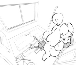 after_vore anthro bathroom blush bodily_fluids dialogue digestion duo embarrassed excessive_feces feces female fur high-angle_view hyper hyper_feces inside pooping scatplay solo sound_effects sweat text vore window catsstuff animal_crossing nintendo isabelle_(animal_crossing) villager_(animal_crossing) canid canine canis domestic_dog mammal shih_tzu toy_dog english_text monochrome