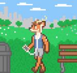 anthro bench cellphone city clothed clothing cloud electronics male outside park phone pixelated plant sky solo tree walking handlebarsprites tom_cervo deer mammal digital_media_(artwork) pixel_(artwork)