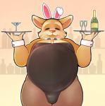 alcohol anthro beard belly beverage big_belly bottle bow_(feature) bow_tie bulge bunny_costume clothed clothing cocktail_glass container costume crossdressing cup digital_media_(artwork) dota drinking_glass facial_hair fake_ears fake_rabbit_ears fur glass glass_container glass_cup humanoid_hands legwear male mammal mangix_the_brewmaster orange_body orange_fur overweight overweight_anthro overweight_male pantyhose pkaocko platter playboy_bunny serving_tray simple_background smile solo thick_thighs tights translucent translucent_clothing waiter