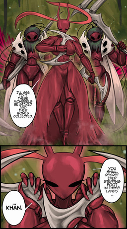 2_panel_comic 5_fingers anthro big_breasts biped black_eyes black_text bodyguard breasts clothing curvy_figure dialogue dress ellipsis empty_eyes eyelashes eyes_closed female fingers group holding_melee_weapon holding_object holding_weapon hourglass_figure male melee_weapon nipple_outline speech_bubble talking_to_another text trio walking weapon iiimp hollow_knight:_silksong hollow_knight_(franchise) team_cherry skarrsinger_karmelita ant arthropod hymenopteran insect skarr 2026 absurd_res comic english_text hi_res