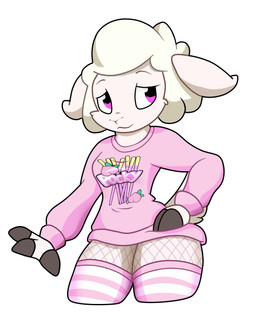 anthro bedroom_eyes clothing female fishnet_clothing fishnet_legwear food fruit fur hair hand_on_hip hooves horizontal_pupils legwear long_ears narrowed_eyes peach_(fruit) pink_eyes pink_stockings plant pupils seductive shirt short_female short_hair simple_background solo stockings t-shirt text text_on_clothing text_on_shirt text_on_topwear thick_thighs topwear white_body white_fur white_wool wool_(fur) twtr pocky jim_the_lamb bovid caprine mammal sheep hi_res