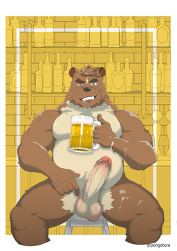 alcohol anthro balls barazoku beer beverage big_penis bodily_fluids cum drunk ejaculation fur genital_fluids genitals kumayoshi male muscular muscular_anthro nude penis solo substance_intoxication thick_penis gaouu grizz grizzledcroc pongotora bear mammal hi_res