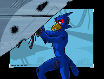 anthro balls beak biped black_border black_eyes black_penis blue_balls blue_body blue_feathers border casual_nudity clothing dirty eyebrows facial_markings feathers flaccid genitals glans gloves handwear head_markings humanoid_genitalia humanoid_penis male markings mask_(marking) no_irises nude nude_anthro nude_male oil_stain open_mouth out_of_frame penis retro simple_background solo standing tail tail_feathers text white_sclera wire yellow_beak samareck nintendo star_fox falco_lombardi avian bird falcon falconid 2023 dated digital_media_(artwork) hi_res signature