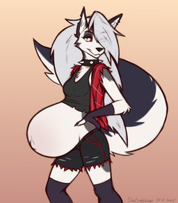 anthro belly big_belly big_tail black_nose bottomwear breasts clothed clothing collar crop_top ear_piercing ear_ring eyebrows female fingerless_gloves flannel_shirt fur gloves gradient_background grey_body grey_fur grey_hair hair handwear legwear long_hair looking_at_viewer navel notched_ear open_clothing open_shirt open_topwear orange_background outie_navel pattern_clothing pattern_shirt pattern_topwear piercing plaid plaid_clothing plaid_shirt plaid_topwear pregnant pregnant_anthro pregnant_female pupils red_sclera ring_piercing shirt shorts simple_background sleeveless_shirt slit_pupils small_breasts solo spiked_collar spikes standing tail tank_top thigh_highs topwear torn_clothing torn_shirt torn_topwear white_body white_eyes white_fur dansharkman hellaverse helluva_boss mythology loona_(helluva_boss) canid canid_demon canine demon hellhound mammal mythological_canine mythological_creature 2025 digital_drawing_(artwork) digital_media_(artwork) hi_res