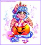 blue_border blue_hair border candy dessert female food fruit hair iridescent iridescent_eyes iridescent_hair iridescent_mane iridescent_tail jack-o'-lantern plant pumpkin solo sparkles wings minamikoboyasy friendship_is_magic hasbro my_little_pony mythology cozy_glow_(mlp) equid equine mammal mythological_creature mythological_equine pegasus 2018 absurd_res hi_res