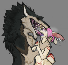 anthro arm_tuft back_tuft black_body black_fur bodily_fluids brown_body brown_eyes brown_fur cheek_tuft detailed_mouth duo ear_piercing ear_ring elbow_tuft extreme_french_kiss facial_tuft female french_kissing fur glistening glistening_eyes grey_background hair kissing long_ears male narrowed_eyes neck_tuft nude open_mouth piercing pink_hair ring_piercing saliva saliva_on_chin saliva_string side_view simple_background tail tan_body tan_fur tuft unsigned acidic isabella_(unichromacorn) rezno lagomorph leporid mammal rabbit sergal hi_res
