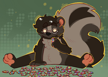 anthro black_nose empty_eyes eyewear eyewear_only featureless_crotch fur glasses glasses_only green_background grey_body grey_fur grey_hair hair holding_puzzle_piece jigsaw_puzzle male nude outline pawpads pink_inner_ear pink_pawpads plantigrade puzzle_piece round_glasses short_hair simple_background sitting solo tail wearing_glasses yellow_outline crownedvictory wix_(skunkwix) mammal mephitid skunk striped_skunk 2024 absurd_res flat_colors hi_res