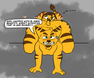 anal anthro big_butt butt clothing doggystyle duo facesitting from_behind_position fur green_eyes grey_background hair hat headgear headwear male male/male oral piercing rimming sex shaking_butt simple_background sitting_on_another speech_bubble text thick_thighs wide_hips yellow_body yellow_fur shwungus ratchet_and_clank sony_corporation sony_interactive_entertainment luzlan_(shwungus) ratchet_(ratchet_and_clank) alien felid feline lombax mammal 6:5 english_text