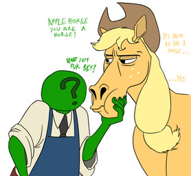 ?_face apron clothing duo female interspecies male text anontheanon friendship_is_magic hasbro my_little_pony anon applejack_(mlp) equid equine horse human mammal english_text
