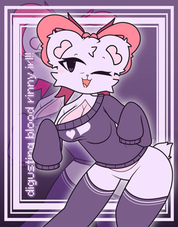 anthro black_clothing black_sweater black_topwear blinking bow_tie breasts clothing female fur legwear pink_bow solo stockings sweater topwear white_body white_fur h1kurs bear mammal hi_res