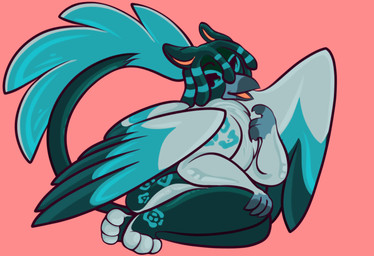 ambiguous_gender anthro dreadlocks feathers folded_wings lying on_side paws pose smile smiling_at_viewer solo teal_body teal_feathers wings nightspades mythology rye_(nightspades) avian bird corvid gryphon magpie_(corvid) mythological_avian mythological_creature oscine passerine cel_shading colored_line_art hi_res shaded