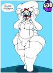 anthro apron big_butt big_pecs blush bulge butt clothing dialogue femboy fur hat headgear headwear huge_butt leggings legwear male moobs pecs slightly_chubby solo white_body white_fur pancookie bimbo_(bakery) bimbo_bear bear mammal hi_res