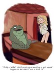 anthro bed blonde_hair clothed clothing curtains duo fangs female furniture hair male nude ocular_prosthetic one_eye_closed open_mouth prosthetic scar sitting standing teeth text white_body white_skin kezzdawg amphibia_(series) disney captain_grime sasha_waybright amphibian frog human mammal toad_(frog) english_text hi_res signature