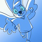 anthro barefoot blue_eyes buckteeth clothed clothing feet female freckles looking_at_viewer simple_background solo teeth wings gglloooopp angel_hare the_east_patch angel_gabby hare lagomorph leporid mammal blue_and_white meme monochrome