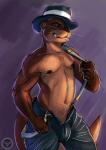 abs anthro biped blue_eyes bottomwear brown_body brown_fur clothed clothing fur grin hat headgear headwear male muscular muscular_anthro muscular_male navel nipples pants pecs simple_background smile solo standing suspenders teeth topless whiskers jakensitou mammal mustelid otter 2016 hi_res