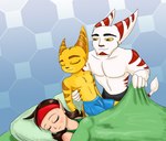 anthro bed breasts brown_hair clothed clothing eyes_closed female fur furniture group hair humanoid_pointy_ears male pillow pointy_ears shirt sleeping striped_body striped_fur stripes tail tail_tuft tank_top topless topwear tuft white_body white_fur yellow_body yellow_fur yellow_sclera nyarengadget ratchet_and_clank sony_corporation sony_interactive_entertainment alister_azimuth ratchet_(ratchet_and_clank) talwyn_apogee humanoid lombax mammal markazian 2015