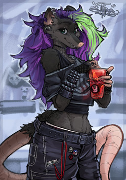 abs alternative_fashion anthro belt black_body black_fur bottomwear bracelet clothing container crop_top cup cute_fangs denim denim_bottomwear denim_clothing ear_piercing ear_ring eyebrows facial_piercing fangs female fishnet_clothing fishnet_handwear front_view fur furgonomic_bottomwear furgonomics goth green_hair hair hairless_tail handwear holding_container holding_cup holding_object jeans jewelry lip_piercing looking_at_viewer mall_goth midriff nose_piercing pants piercing purple_hair ring_piercing shirt small_waist smile solo spiked_bracelet spikes tail teeth thick_tail thick_thighs topwear wide_hips s_miles_art american_opossum mammal marsupial hi_res