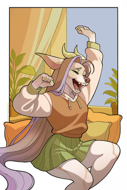 bottomwear clothing female hair horn long_hair morning open_mouth skirt solo yawn yawning_position headoctopus canid canine mammal hi_res
