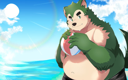 anthro ball belly big_belly cloud detailed_background green_body humanoid_hands kemono male navel outside overweight overweight_male solo sun water pig_p0318 lifewonders live_a_hero mokdai canid canine canis domestic_dog mammal 16:10 2022 absurd_res hi_res widescreen