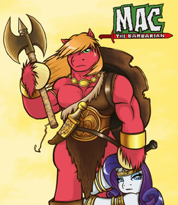 anthro anthrofied axe blonde_hair blue_eyes clothed clothing double_bitted_axe duo female freckles green_eyes hair horn looking_at_viewer male melee_weapon muscular parody purple_hair text warrior weapon bigredmacintosh conan_pose conan_the_barbarian_(franchise) friendship_is_magic hasbro my_little_pony mythology big_macintosh_(mlp) conan_the_barbarian rarity_(mlp) earth_pony equid equine horse mammal mythological_creature mythological_equine pony unicorn 2012 english_text