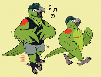 anthro avian_feet beak biped bottomwear clothed clothed_anthro clothing eyebrow_slit eyebrows eyes_closed feather_hair feathers featureless_crotch feet footwear green_body jewelry male mastectomy_scar musical_note musical_symbol necklace non-mammal_mastectomy_scar open_mouth open_smile plantigrade pseudo_hair scar scuted_feet scutes shirt shorts simple_background smile symbol tail tail_feathers talons tank_top text toeless_footwear toes toony topwear walking winged_arms wings angelofalls conditional_dnp angelo_(angelofalls) avian bird macaw neotropical_parrot parrot true_parrot artist_name digital_drawing_(artwork) digital_media_(artwork) signature trans_(lore) trans_man_(lore)