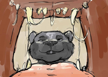 anthro anthro_prey black_body black_fur black_nose bodily_fluids duo feral feral_pred fur imminent_oral_vore imminent_vore larger_pred lips looking_into_mouth male male/male mouth_shot open_mouth pink_tongue saliva saliva_string sharp_teeth size_difference smile teeth tongue jeri_kleinlowe felid lion mammal mephitid pantherine skunk 2012 colored guide_lines