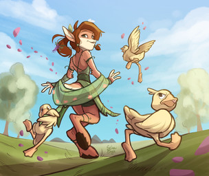 4_fingers anthro bracelet clothing cloud detailed_background dress female fingers grass green_clothing green_dress group hair jewelry leaf_clothing plant ponytail rear_view rock sky tail tree wings selinaeagle activision spyro_the_dragon elora anatid anseriform avian bird duck faun faun_(spyro) 2024 absurd_res digital_drawing_(artwork) digital_media_(artwork) hi_res signature