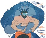abs anthro armor big_dom_small_sub big_muscles big_pecs biker blue_body blue_fur blush canid canine canis caressing clothed clothing dominant duo english_text fur hand_in_pants hand_on_chest headgear helmet hi_res holding_partner hug huge_muscles huge_pecs human human_on_anthro imminent_sex interspecies larger_anthro larger_male leograndoa male male/male mammal molestation muscular muscular_anthro muscular_human muscular_male navel nude pecs signature size_difference smaller_human smaller_male text topless topless_male wolf