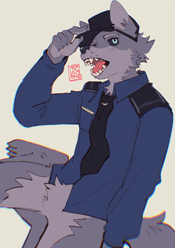 5_fingers anthro black_clothing black_hat black_headwear black_necktie black_sclera blue_clothing blue_shirt blue_topwear bottomless bottomless_anthro bottomless_male clothed clothing collared_shirt crotch_tuft dress_shirt fingers green_eyes hat headgear headwear looking_at_viewer male necktie officer_uniform open_mouth shirt sitting sitting_on_ground slim slim_anthro slim_male suggestive_pose topwear tuft hemuchang canid canine canis mammal wolf 2022 hi_res