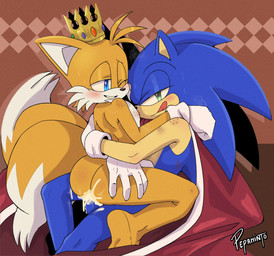 2_tails abstract_background anthro bangs blue_body blue_eyes blue_fur blush bodily_fluids butt butt_grab cape clothing cowgirl_position crown cum cum_in_ass cum_inside dipstick_tail duo fluffy fluffy_tail from_front_position fur gem genital_fluids genitals gloves gloves_only green_eyes hand_on_butt handwear handwear_only headgear hug male male/male markings mostly_nude multi_tail nipples on_bottom on_top one_eye_closed one_eye_obstructed penis romantic romantic_sex scratches sex smile tail tail_aside tail_markings tongue tongue_out whiskers wink yellow_body yellow_fur pepamintop sega sonic_the_hedgehog_(series) miles_prower sonic_the_hedgehog canid canine eulipotyphlan fox hedgehog mammal hi_res