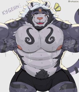 anthro armpit_hair armpit_showing beard biceps big_muscles big_pecs black_striped_fur bodily_fluids body_hair boxer_briefs boxer_briefs_only bulge clothed clothing eyes_closed facial_hair fur hair happy_trail male mature_male muscular muscular_male musk nipples pecs pink_nose purple_body purple_fur skimpy smile smiling_at_viewer solo sweat sweaty_armpit sweaty_body tail topless underwear underwear_only white_hair ruffusbleu kygehn felid mammal pantherine tiger hi_res