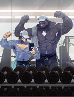 abs anthro arm_tuft armpit_hair barazoku biceps black_body black_bottomwear black_clothing black_fur black_shorts blue_body blue_fur bodily_fluids body_hair bottomwear brown_hair cellphone chest_tuft clothed clothing covered_eyes dumbbell dumbbell_row elbow_tuft electronics exercise eye_scar facial_scar flexing flexing_bicep flexing_both_biceps fur gloves_(marking) group gym hair holding_cellphone holding_object holding_phone inside larger_anthro larger_male male markings mirror multicolored_body multicolored_fur muscular muscular_anthro muscular_male nipples obliques pecs phone reflection scar shorts shoulder_scar size_difference smaller_anthro smaller_male smile sweat taking_picture topless tuft two_tone_body two_tone_fur weightlifting weights white_body white_fur white_hair workout kumammoto raikuro_akumura bear felid mammal pantherine ursine 2021 absurd_res hi_res