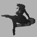 anthro black_body black_fur bone breasts female fur grey_nipples hair hair_over_eyes nipples one_leg_up raised_leg sitting skull skull_head solo veskorart scp_foundation scp-1471-a canid malo mammal absurd_res full-length_portrait hi_res monochrome portrait