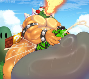 anthro balls bodily_fluids bouncing_balls bracelet breath_powers collar cum cum_from_mouth cum_in_mouth cum_inflated_belly cum_inflation cum_inside cumshot dominant duo ejaculation elemental_manipulation fire fire_breathing fire_manipulation genital_fluids genitals inflation jewelry larger_dom living_condom male male/male open_mouth outside pipe questionable_consent size_difference spiked_bracelet spiked_collar spikes spikes_(anatomy) sweat tongue tongue_out viola_bat mario_bros nintendo bowser silver_fang_(furry1997) canid canine fox koopa mammal scalie absurd_res hi_res