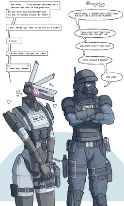 armor belt blush clothing crossed_arms dialogue duo female fidgeting gas_mask headgear helmet looking_at_another looking_at_partner looking_away machine male male/female mask police police_officer police_uniform simple_background speech_bubble standing tactical_gear text topwear uniform vest white_body warjenkins electronic_arts respawn_entertainment titanfall human humanoid mammal robot robot_humanoid spectre_(titanfall) 2025 absurd_res digital_media_(artwork) english_text hi_res signature