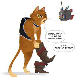 ambiguous_gender annoyed anthro boots clothing dialogue dressing duo floating footwear fur fuzzy green_eyes harness looking_at_another machine male mostly_nude_male open_mouth orange_body orange_fur pointy_ears prick_ears putting_on_clothes putting_on_shoes raised_leg shadow shoes simple_background speech_bubble standing tail teeth text whiskers white_background krossan_(artist) dreamworks puss_in_boots_(franchise) stray_(video_game) b-12_(stray) puss_in_boots_(dreamworks) domestic_cat felid feline felis mammal robot tabby_cat 1:1 crossover english_text hi_res
