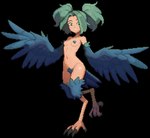 bird_legs blue_body blue_feathers breasts feathers female green_body green_eyes green_feathers green_hair hair nipples pigtails pubes pubic_feathers raised_leg simple_background small_breasts small_waist smile solo tail tail_feathers transparent_background wings seedy_stitches_(artist) european_mythology greek_mythology mythology avian harpy humanoid hybrid mythological_avian mythological_creature alpha_channel digital_media_(artwork) pixel_(artwork)