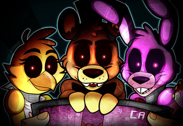 anthro beak black_sclera bow_(feature) bow_tie dark female glowing glowing_eyes group machine male teeth toy-bonnie five_nights_at_freddy's scottgames bonnie_(fnaf) chica_(fnaf) foxy_(fnaf) freddy_(fnaf) animatronic avian bird lagomorph leporid mammal rabbit robot