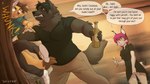 2021 5_fingers anthro breasts canid canine canis clothed clothing comic digital_media_(artwork) english_text felid feline female fingers gakor group iskra kordi larger_male lynx male mammal musclegut muscular size_difference slightly_chubby slightly_chubby_male standing text trio wolf