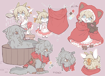 anthro bath blonde_hair blue_eyes clothed clothing duo female fur grey_body grey_fur grey_hair hair kemono open_mouth open_smile orange_eyes pink_background red_clothing simple_background smile snout white_body white_fur kemonngo mia_(kemonngo) noah_(kemonngo) bovid canid canine canis caprine mammal wolf 2021 hi_res