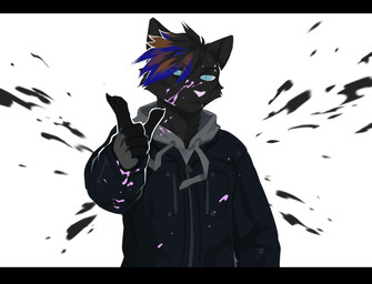 abstract_background ambiguous_fluids anthro black_bars black_body black_fur black_hair blue_clothing blue_eyes blue_hair blue_jacket blue_topwear brown_hair cheek_tuft clothed clothing dark_clothing dark_topwear eyebrow_piercing facial_piercing facial_tuft front_view fur hair jacket male narrowed_eyes neck_tuft piercing pink_nose solo standing topwear tuft unsigned corzh77 domestic_cat felid feline felis mammal half-length_portrait hi_res letterbox portrait