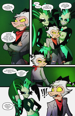 5_fingers anthro bottomwear breasts clothed clothed_anthro clothed_female clothed_humanoid clothed_male clothing dialogue exposed_breasts female fingerless_gloves fingers gloves green_body green_scales grin group hair handwear horn humanoid_hands jacket kerchief male male/female naughty_face navel nipples pants red_sclera scales skirt smile tan_body tan_skin teeth text topwear trio white_hair yellow_eyes swain_(artist) hellaverse helluva_boss glam_(helluva_boss) glitz_(helluva_boss) striker_(helluva_boss) aquatic demon fish humanoid hybrid imp shark comic english_text hi_res url sibling_(lore) sister_(lore) sisters_(lore)