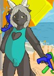 anthro beach bulge bulge_under_swimwear detailed_bulge genitals horn male penis sea smile smirk solo solo_focus sunny tight_swimwear toy toy_gun water water_gun young mrripper338 domestic_cat felid feline felis horned_cat mammal pantherine absurd_res hi_res