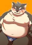 anthro asian_clothing belly biped blush bulge chest_tuft claws clothing east_asian_clothing embarrassed eyebrows finger_claws fundoshi fur grey_body grey_fur head_tuft inner_ear_fluff japanese_clothing male moobs multicolored_body multicolored_fur navel nipples orange_background overweight scar simple_background solo teeth thick_eyebrows thick_thighs tongue tuft two_tone_body two_tone_fur underwear dosanco15 lifewonders tokyo_afterschool_summoners moritaka_(tas) canid canine canis domestic_dog mammal 2024 hi_res